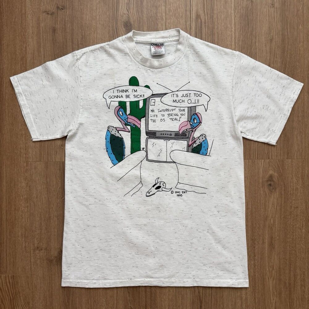 Vintage 90s OJ & Chips Funny Parody T-Shirt Sz M Double Sided Ash White 1995 DMC